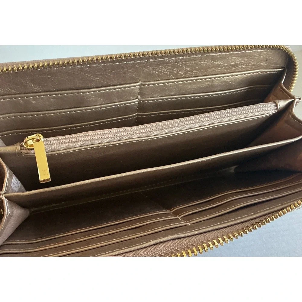 Anne Klein Monogram Zip Around Wallet Taupe Beige Logo Gold Tone Lion Large Slim